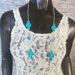 Faux Turquoise Floral Beaded Necklace Longer Style Silver Chain